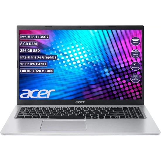 ACER Aspire3 Intel Core i5-1135G7 8GB 256GB SSD 15,6" FHD DOS Dizüstü Bilgisayar